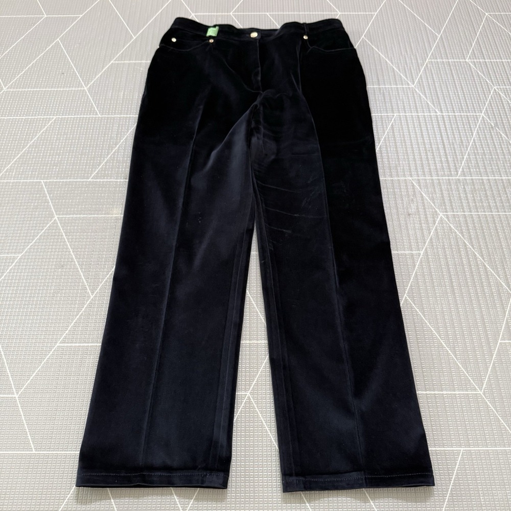 St. John Sport Velvet High Rise Straight Leg Pants 14 Black Gold Hardware Luxury